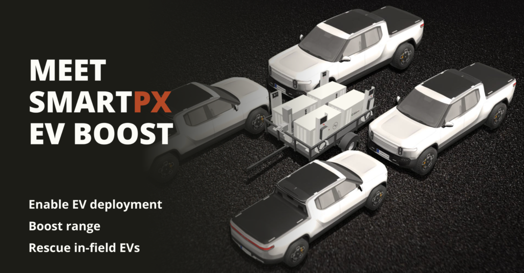 SmartPX EV Boost mobile charging station on trailer, surrounded by four electric pickup trucks. Text highlights key benefits: enabling EV deployment, boosting range, and rescuing in-field EVs.